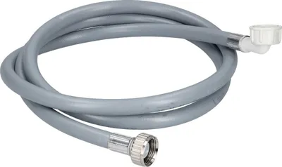 A gray washing machine or dishwasher inlet hose with silver and white connectors.
