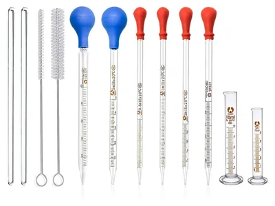 Image de Pipettes (6 pièces) - Pipettes graduées - Goutteurs de 0,5/1/2/3/5/10 ml - Incluent 2 cylindres - 2 brosses de nettoyage - Haute précision