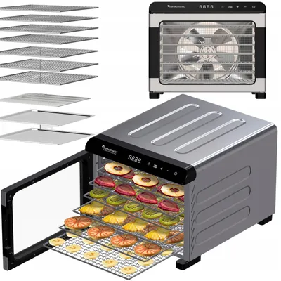 Zdjęcie produktu dla Suszarka spożywcza Pro TurboTronic do grzybów dehydrator temp. 35°c-75°c 7 poziomów timer nierdzewka 675W Srebrna