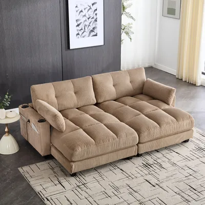 Produktbild von LVHOM Schlafsofa mit USB&Becherhälter, 2 Sitzer Sofa, Relaxsessel mit Seitentaschen, Bodensofa Loungesessel, Rückenlehne verstellbar, Khaki