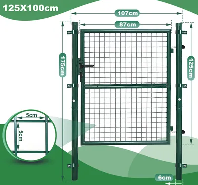 Zdjęcie produktu dla Fiqops brama ogrodowa Ocynkowana stalowa brama ogrodowa, 125 × 100 cm zielona brama ogrodowa, z wysokiej jakości uchwytem, zamkiem i kluczami, brama ogrodowa do ogrodzenia z płotu sztachetowego