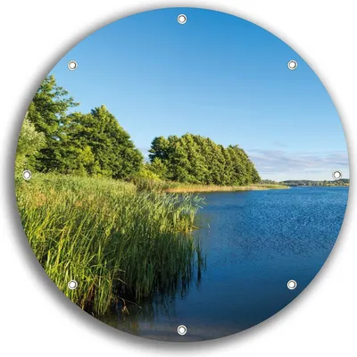 Produktbild von Wallario rundes Outdoor-Poster für Garten oder Balkon, Motiv Malerischer See mit Schilf unter blauem Himmel, 30 cm Durchmesser