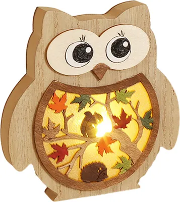 Produktbild von 3D-beleuchtetes Tierornament aus Holz, Igel, Blatt, Eule, Eichhörnchen, Nachtlicht, rustikale beleuchtete Schreibtischdekoration für Wohnzimmer, Schlafzimmer, Büro
