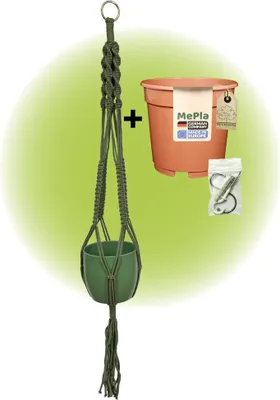 Produktbild von MePla - Set - Ampel Makramee Naturgrün - Basel ø13 Moosgrün + Kulturtopf ø12 + Beipack-Set 21550-001