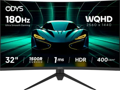 A curved gaming monitor displaying a futuristic car, with specifications listed.