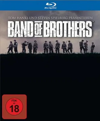 The cover art for the Blu-ray box set of Band of Brothers, featuring a group of soldiers standing on a hill.