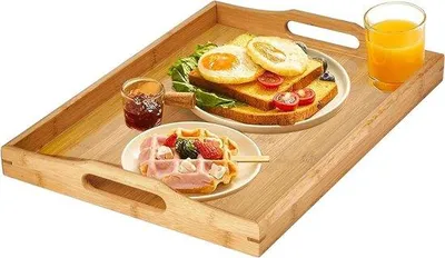 Immagine prodotto di Tagliere in legno per tè, caffè e snack - Tagliere rettangolare in bambù con manici in legno, grande (42 x 32 cm)