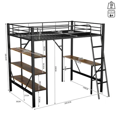 Immagine prodotto di okwish Letto a castello 90x200 cm, letto in metallo, classico telaio in metallo con scrivania e 3 grandi ripiani, adatto a bambini, ragazzi e adulti, letto singolo, nero