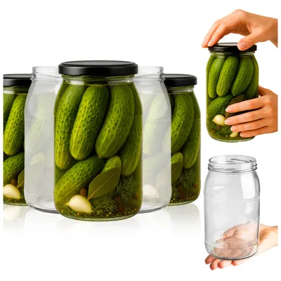Several jars of pickles are arranged in the foreground, with a hand holding one jar in the upper right corner and an empty jar in the lower right corner.
