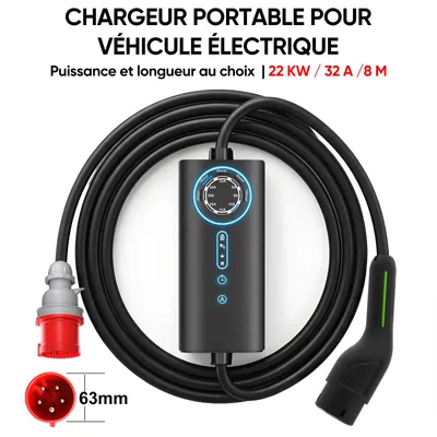 Image de Chargeur domestique pour véhicules électriques Junsun Type 2, 22 kW, triphasé, 32 A (réglable de 6 à 32 A), écran LCD, câble de recharge de 8 m, chargeur 400 V pour véhicules électriques, prises Schuko et CEE, pour voitures électriques