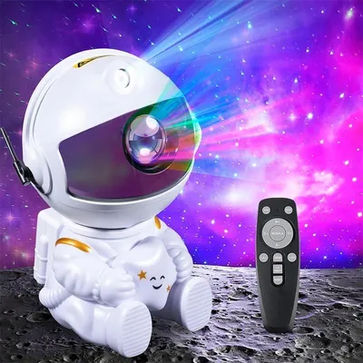 Produktbild von Astronauten-Galaxie-Projektor mit LED-Sternenhimmel, verstellbarem Kopf, dimmbarer Helligkeit und Fernbedienung