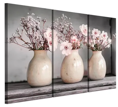 Produktbild von LUMASOUL Leinwand Bilder 90x60 cm, Leinwandbild Blumen Motiv, Wandbilder Holzrahmen und Webstuhl Wohnzimmer und Schlafzimmer, 3 teilig Blumenvase