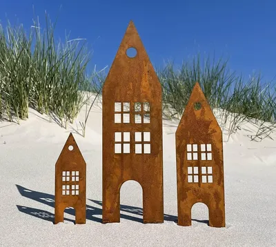 Image de Ensemble de 3 décorations de jardin représentant des maisons, en métal rouillé