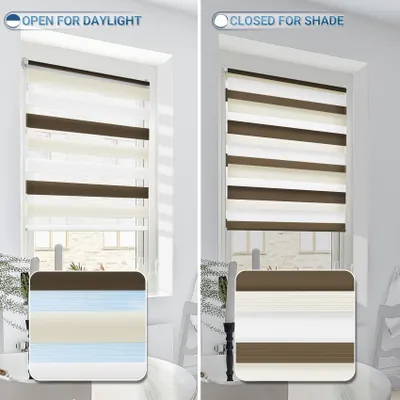 Produktbild von Allesin Doppelrollo, Weiß-beige-braun, 110x130 cm, Sichtschutz, Klemmfix und Bohren, Stoff, für Fenster und Tür, Rahmenstärke 17-25mm, Sicherheitskettenverbinder, Heißschneidetechnologie