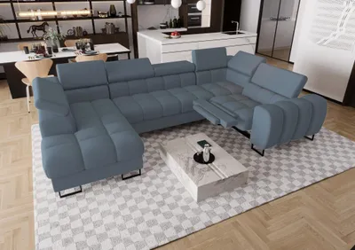 Productafbeelding van Zitmeubel met slaapbank, model BASTIEN RELAX, bekleed met stof Gemma, kleur blauw. Inclusief ottoman aan de linkerkant