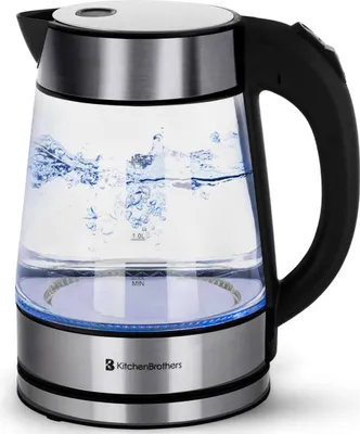 Produktbild von KitchenBrothers Wasserkocher - Glas - Elektrisch - 1,7L - Retro - mit LED - 2200W - Glaswasserkocher - Edelstahl