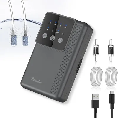 Image de pompe à air d'aquarium réglable 3W Pompe à oxygène silencieuse Pompe à air d'aquarium rechargeable 4400mAh 2 sorties d'air avec tous les accessoires