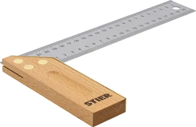 Produktbild von STIER Anschlagwinkel, Schreinerwinkel, Buche, 90° / 45°, 250 mm, mit Griffhohlkehle, doppelseitiger Messingbeschlag