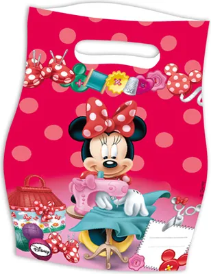 A cartoon image of Minnie Mouse sewing with a sewing machine, surrounded by sewing supplies, on a pink polka dot background.