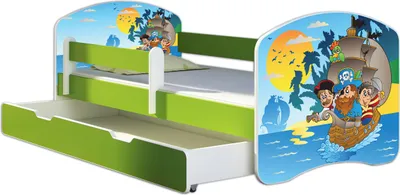 Produktbild von ACMA Jugendbett Kinderbett Junior-Bett Komplett-Set mit Matratze Lattenrost und Rausfallschutz Grün 21 Piraten 140x70 + Bettkasten