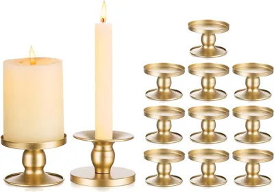 Produktbild von Goldene Kerzenständer für Stabkerzen aus Metall - Set von 12 Kerzenhaltern, Stabkerzen, Stumpenkerzen, Vintage Modern, Dekoration für Hochzeiten, Tischdekoration Weihnachten, Wohnzimmer, Adventskranz