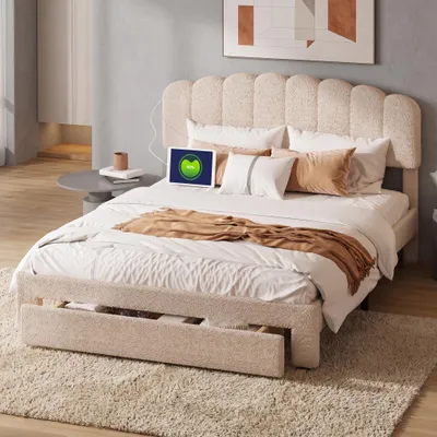 Produktbild von INONEFT Polsterbett 140x200cm mit höhenverstellbarem Kopfteil, Jugendbett Doppelbett mit USB und Steckdosen, Stauraumbett, Teddy‑Stoff, Beige