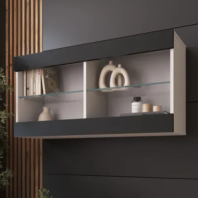 A wall-mounted cabinet with glass shelves displaying decorative items and books.