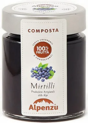 Produktbild von Composta di Mirtilli 100 % da Frutta, Heidelbeeren-Fruchtaufstrich aus 100% Frucht, 150g, Alpenzu