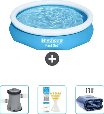 Produktbild von Bestway runder aufblasbarer Fast-Set-Pool – 305 x 66 cm – Blau – im Lieferumfang enthalten Pumpe - Teststreifen - Sonnensegel