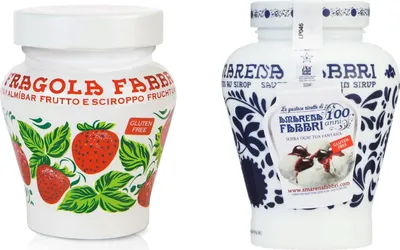 Produktbild von Fabbri Erdbeere Opaline 230gr Erdbeeren in Sirup + Amarena-Kirschen in Sirup 230g + Italian Gourmet Polpa