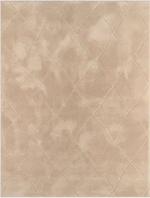 A close-up, top-down view of a beige rug with a diamond pattern.