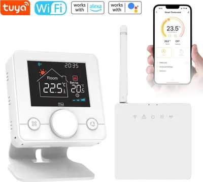 Produktbild von Tuya WiFi Intelligenter Thermostat, Wochenprogrammierung, Kindersicherung, Temperaturregler fuer Wandkessel, kompatibel mit Alexa und Google Assistant fuer Sprachsteuerung