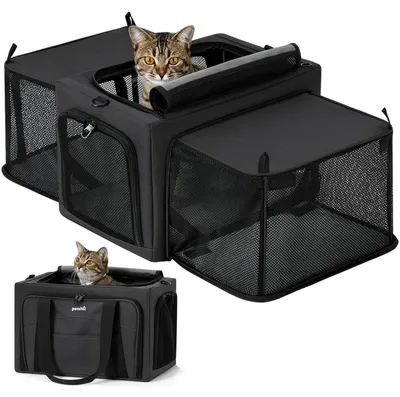 Produktbild von Transportbox Katze faltbar mit Seitenerweiterung atmungsaktiv Ausbruchschutz dunkelgrau