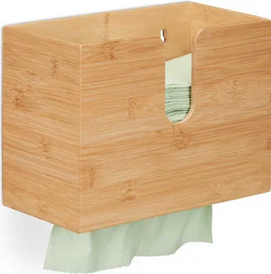 Produktbild von Relaxdays Papierhandtuchspender, für H2 Papierhandtücher, HxBxT 20x27x13 cm, Papiertuchhalter Wandmontage, Bambus, natur