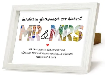 Produktbild von Geldgeschenk-Bilderrahmen - Mit Mr & Mrs Motiv zur Hochzeitskasse - Spardose für Brautpaare - Weiß
