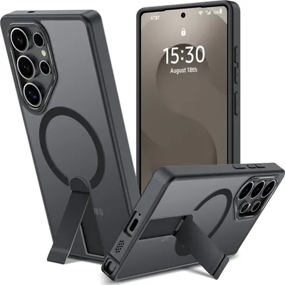 A product shot of a phone case with a kickstand and magnetic ring, displayed from multiple angles.