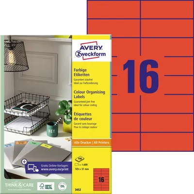 Produktbild von Avery Zweckform 3452 Farbige Etiketten, A4, 105 x 37 mm, 100 Bogen/1.600 Etiketten, rot