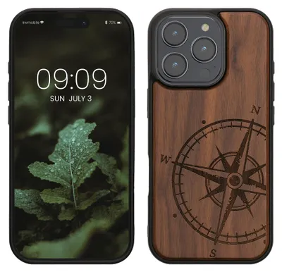 Produktbild von kwmobile Handyhülle für Apple iPhone 16 Pro Hülle Holz - Case mit TPU Bumper - Stoßfestes Hardcase - Schutzhülle Cover in Dunkelbraun