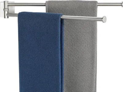 Productafbeelding van 180° Rotatable Handdoekrek, Wandbevestigde Handdoekhanger van 40CM, RVS, Dubbelarmig, Voor Badkamer en Keuken, Met 2 Stangen