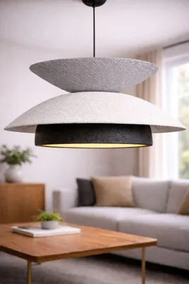 Produktbild von Opviq, Moderne Pendelleuchte aus Carbonbeton, Ø48 cm, höhenverstellbar 30-85 cm, IP20, E27 Fassung, Grau/Weiß/Schwarz, ideal für Hotel & modernes Zuhause, elegantes Design.