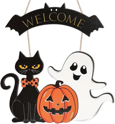 Produktbild von Halloween Deko Türschild, Haustür Deko, 45cm Halloween Willkommen Schild, Kürbis, Geist, Schwarze Katze, Geeignet für Fenster, Wände, Holztüren, Innen Outdoor Dekorationen, Halloweens Partys