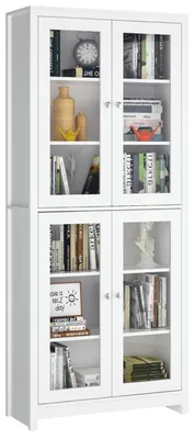 Image de Vitrine - Grande bibliothèque à portes - 4 portes vitrées - Meuble indépendant pour le salon ou la cuisine - Design moderne et minimaliste - Cadre en bois - 190 x 80 x 33 cm - Blanc