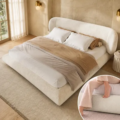 Produktbild von Flieks Polsterbett 140x200cm mit Kopfteil, Doppelbett Jugendbett mit Lattenrost, Klassisches Bett Holzbett mit Chenille-Bezug, Beige