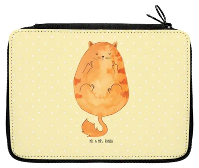 Produktbild von Mr. & Mrs. Panda Schlampermäppchen Katze Frühaufsteher - Gelb Pastell - Geschenk, Etui, Federtasche, Tiger, Mäppchen, Schulmäppchen, Bleistiftetui, Federmäppchen, Kaffee