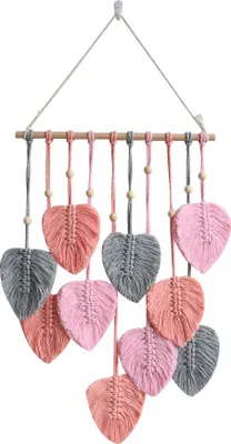Image de Tenture murale macramé Fait main Décorations d'appartement Boho Macramé Tapisserie tissée Feuille Plume Décoration murale, rose, 90 cm, 40 cm, fil de coton