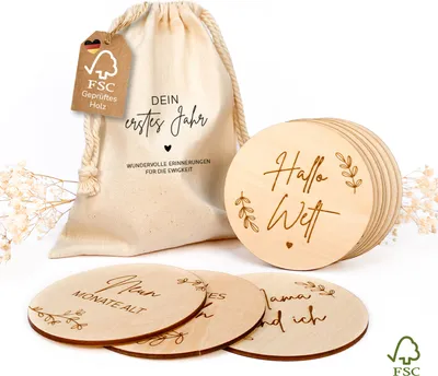 Produktbild von MeinBaby123® 40 nachhaltige Baby Meilensteine aus Holz inkl. Baumwollsäckchen, Meilensteinkarten Baby, Geschenk zur Geburt,es Holz