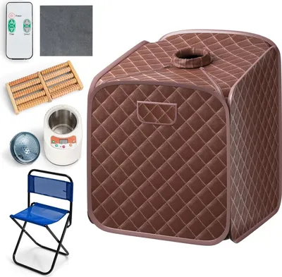 A collection of items related to a home sauna setup, including the sauna tent, a chair, foot massager, and a remote control.
