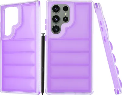 Three views of a purple phone case and a stylus are displayed against a white background.
