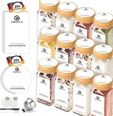 Produktbild von Famanu Gewürzgläser Set 12-teilig - quadratische Gläser mit Bambusdeckel