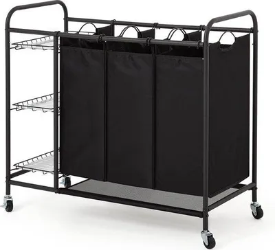 Image de Chariot à linge à 3 compartiments avec étagères et sacs en tissu amovibles, sur roulettes, noir